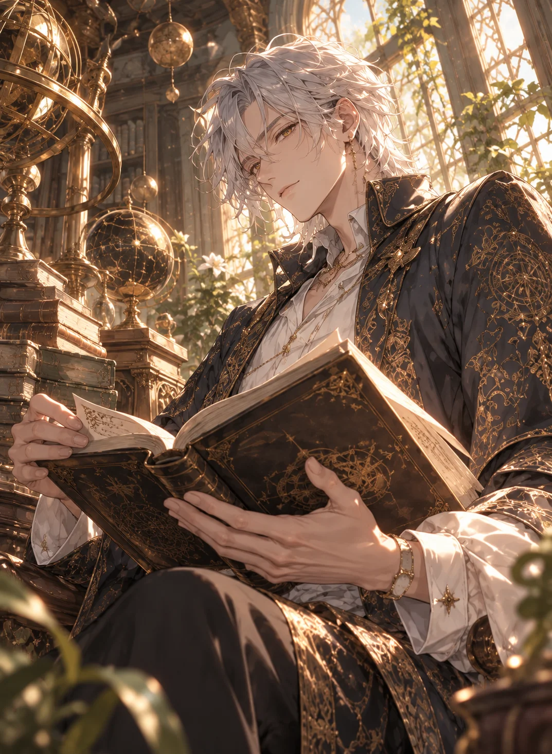 Silberhaariger Fantasycharakter mit einem Buch im Gewächshaus