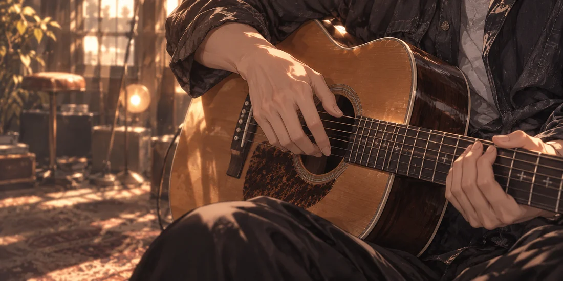 Illustration von Händen auf einer akustischen Gitarre